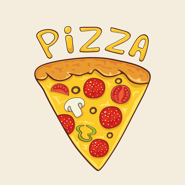 Pizzascheibe mit käse, peperoni, tomaten, oliven, paprika und champignons. cartoon-symbol und schriftzug pizza auf weißem hintergrund, illustration.
