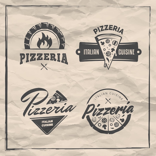 Pizzeria-Abzeichen Set Pizza-Logos mit ganzen Pizzen und Scheiben Etiketten für Trattoria oder Pizzeria