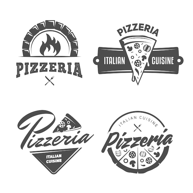 Pizzeria logos. satz vektorabzeichen mit pizza, voll und scheiben.