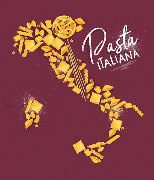 Plakat, das Pasta Italiana mit Makkaroni-Kartenzeichnung auf purpurrotem Hintergrund beschriftet.