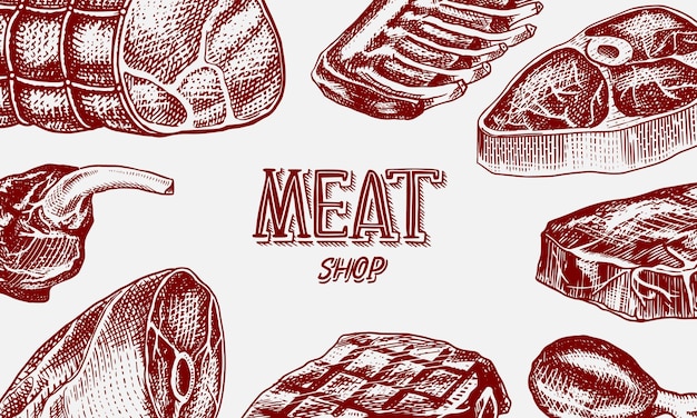 Plakat für gegrilltes Fleisch, Schweine- oder Rindersteak, Barbecue-Banner, Essen im Vintage-Stil, Hintergrund für Restaurant-Menüembleme oder Abzeichen, handgezeichnete Skizze