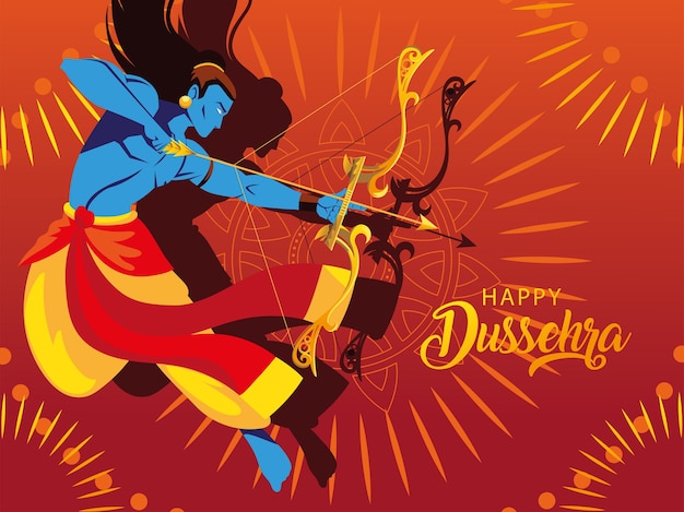 Vektor plakat von lord rama mit pfeil und bogen, text glücklich dussehra