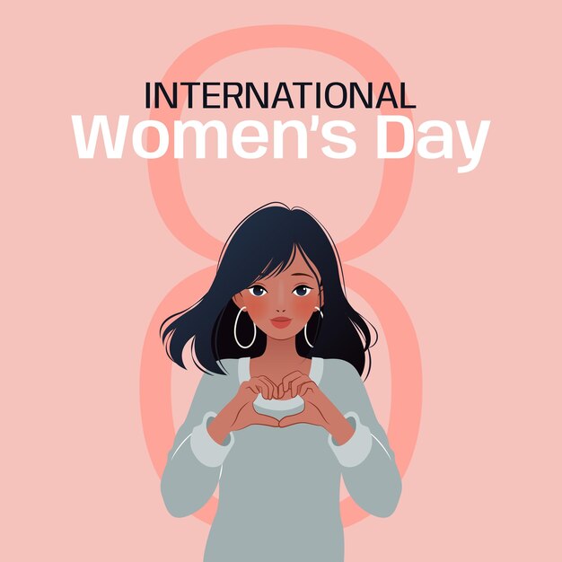 Plakat zum Internationalen Frauentag am 8. März mit der Nummer acht und einer jungen Frau, die ein Zeichen des Herzens zeigt