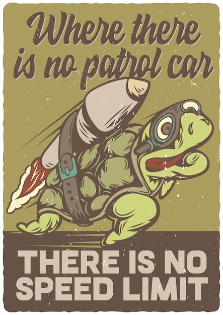 Plakatdesign mit illustration der schildkröte auf der rakete