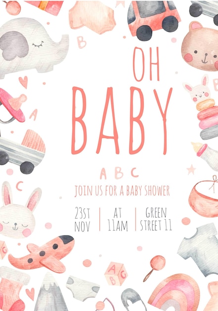 Plakateinladung zur kinderparty-babyparty, aquarellillustration auf weißem hintergrund