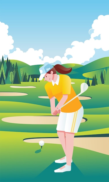 Plakatillustration junger frauen, die an sonnigen tagen golf auf dem feld spielen