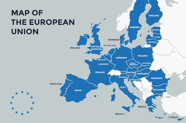 \ Plakatkarte der Europäischen Union mit Ländernamen. Drucken Sie eine Karte der EU für Web und Polygraphie zu geschäftlichen, wirtschaftlichen, politischen und geografischen Themen.