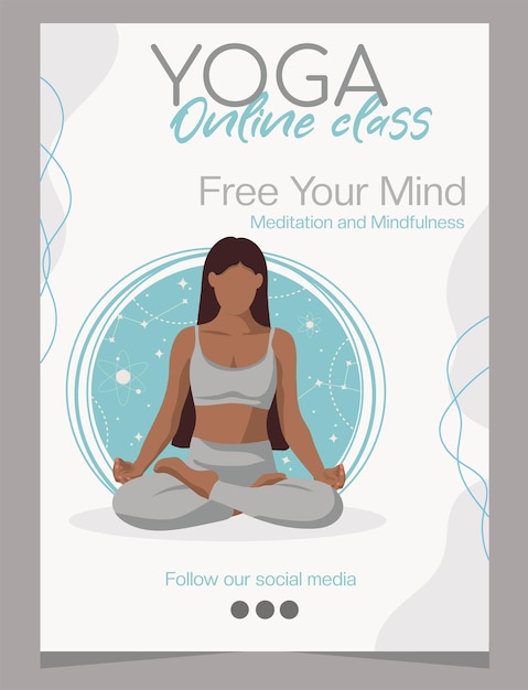 Plakatvorlage für yoga-online-kurse. mädchen, das yoga auf einem kosmischen hintergrund tut. vektor-illustration.
