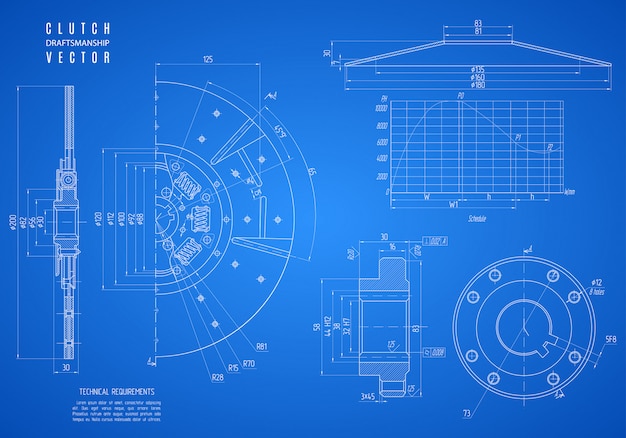 Plan der autokupplung, des bauentwurfs oder der technischen zeichnung des projekts lokalisiert auf blau.