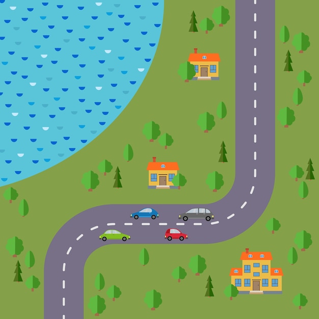 Plan des Dorfes. Gestalten Sie mit Straße, Wald, See, Autos und drei Häusern landschaftlich. Vektorillustration