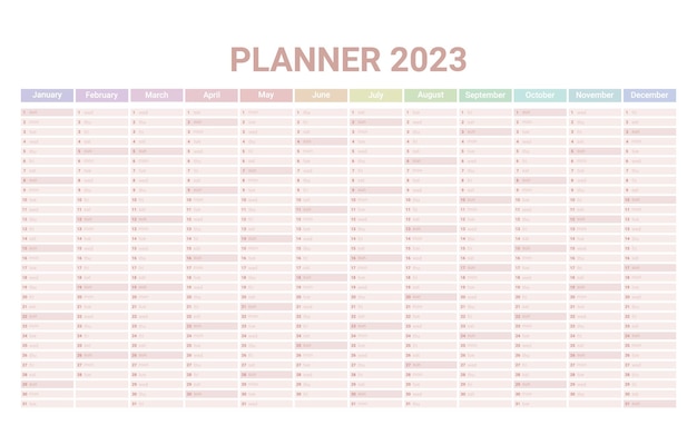 Planer englischer kalender von 2023 jahresvorlagenkalender mit 12 vertikalen monaten auf einer seite