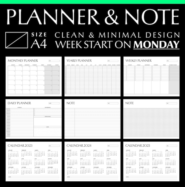 Vektor planer hinweis und kalender vorlage sauber und minimale designgröße a4 woche beginnt am montag