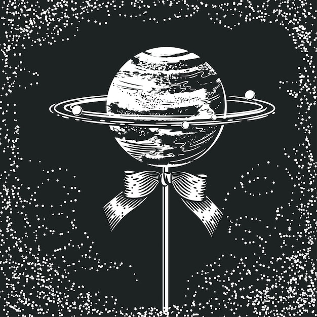 Planet in form von süßigkeiten auf einem stock. raum illustration.