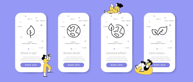 Planet und blätter setzen symbol erde retten saubere umwelt pflanze grün öko ökologiekonzept ui-telefon-app-bildschirme mit menschen vektorliniensymbol für wirtschaft und werbung