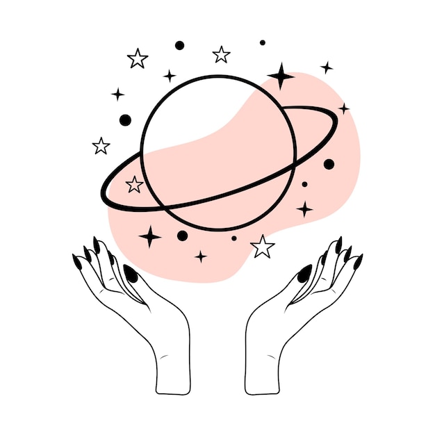 Planet und Sterne mit Frauenhänden in Linienkunst Alchemie esoterischer mystischer magischer Talisman