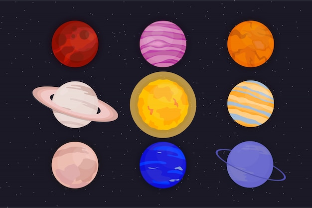 Vektor planeten cartoonset, isolierte niedliche planetenillustration auf dunklem hintergrund.