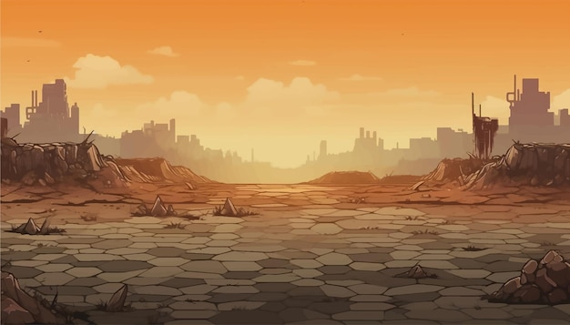 Vektor planeten wolkenkratzer zukünftige hitze land wüste panorama sonnenaufgang silhouette grafische landschaft szene sand