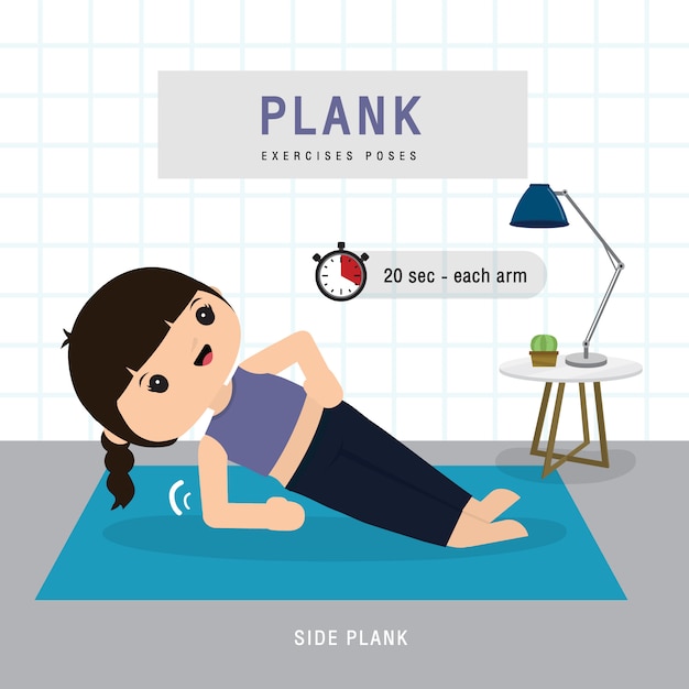 Vektor plank workout. frau, die planking übung und yoga-training im fitnessstudio zu hause macht, bleibt zu hause konzept. charakter cartoon illustration