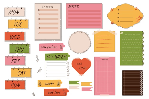 Vektor planung aufkleber mega-set in flachem design bündel elemente des organisators wöchentliche tags zu tun listen notizen vorlagen memo-boards papierstücke und erinnerungen vektor-illustration isolierte grafische objekte