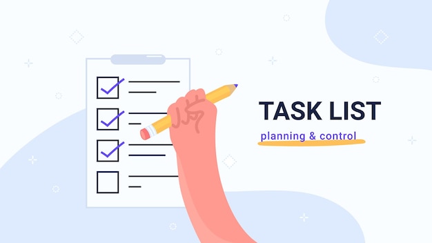 Planung und kontrolle von aufgabenlisten. flache vektor moderne illustration der menschlichen hand hält gelben bleistift, um aufgaben im notizblock als erledigt zu markieren. konzeptdesign für banner, promo und landing pages mit copyspace