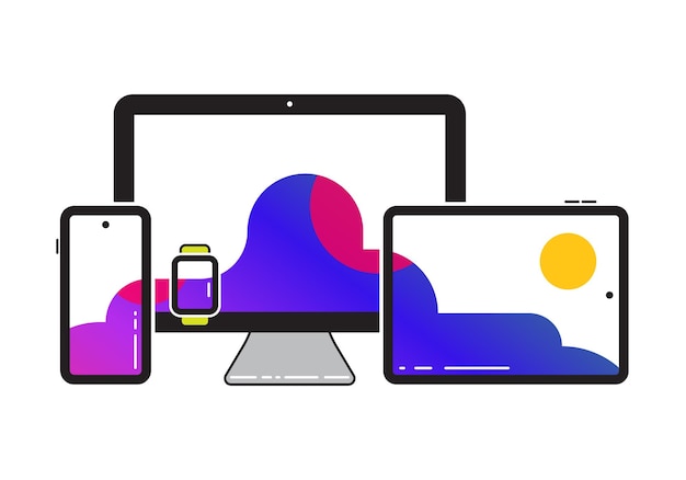 Plattformübergreifende vektorsymbole abbildung plattformübergreifende geräte smart tablet smartphone watch desktop mit einzelnem hintergrund auf dem bildschirm