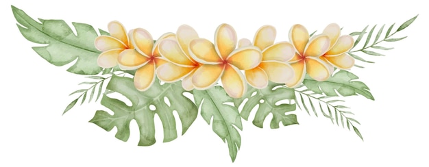 Vektor plumeria aquarell-illustration frangipani-blumen mit tropischen palmblättern handgezeichneter blumenrand für rahmen auf isoliertem hintergrund bouquet aus exotischen sommerpflanzen für einladungen oder karten