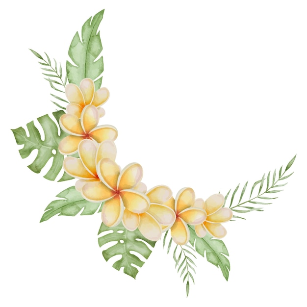 Plumeria aquarell vektorrahmen grenze frangipani-blumen mit tropischen blättern handgezeichneter clipart auf isoliertem hintergrund runder kranz aus einem bouquet exotischer sommerpflanzen botanische illustration