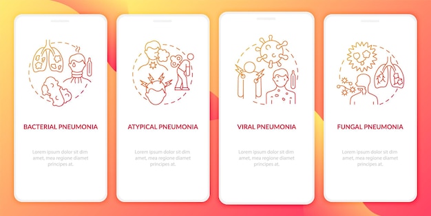 Pneumonie-kategorisierung beim onboarding der mobilen app-seitenseite. anleitung für atypische infektionen in 4 schritten mit grafischen anweisungen und konzepten. ui-, ux-, gui-vektorvorlage mit linearen farbillustrationen