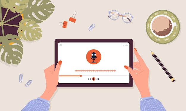 Vektor podcast app auf digitalem tablet in händen. musik und audio hören.