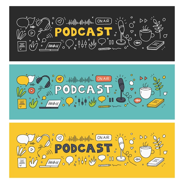 Podcast-Aufzeichnung und -Hören, Rundfunk, Online-Radio, Audio-Streaming-Service-Konzept. Kopfhörer, Mikrofon, Laptop, Equalizer, Sprechblasen. Handgezeichnete Vektor-Set. Isolierte Elemente