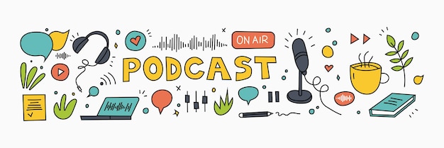 Podcast-Aufzeichnung und -Hören, Rundfunk, Online-Radio, Audio-Streaming-Service-Konzept. Kopfhörer, Mikrofon, Laptop, Equalizer, Sprechblasen. Handgezeichnete Vektor-Set. Isolierte Elemente