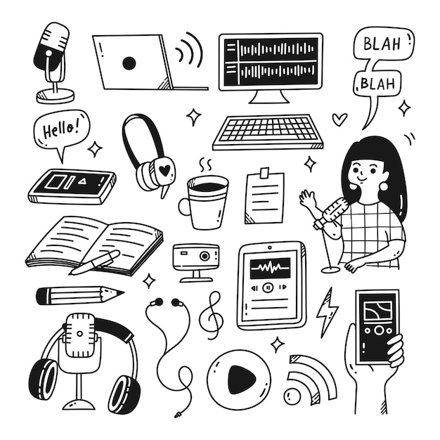 Podcast-bezogenes Objekt Kawaii Doodle-Vektor-Illustration