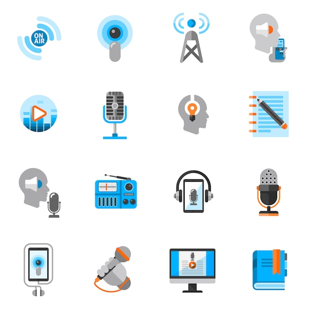 Podcast icons flat set