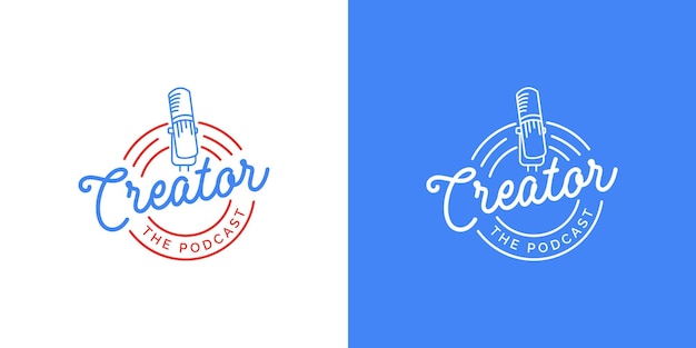 Podcast-logo-design in weißer oder blauer hintergrundvorlage