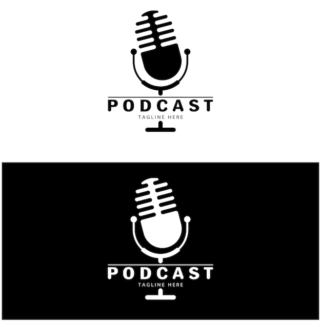 Podcast-logo mit mikrofon und kopfhörer-audioradiowellen für studio-talkshow-chat-vektor