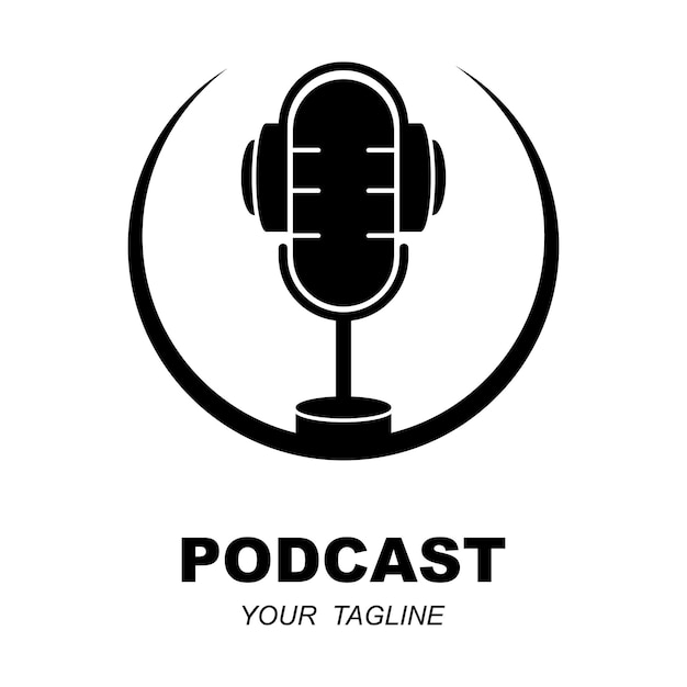 Podcast- oder Radio-Logo-Design mit Mikrofon- und Kopfhörersymbol mit Slogan-Vorlage
