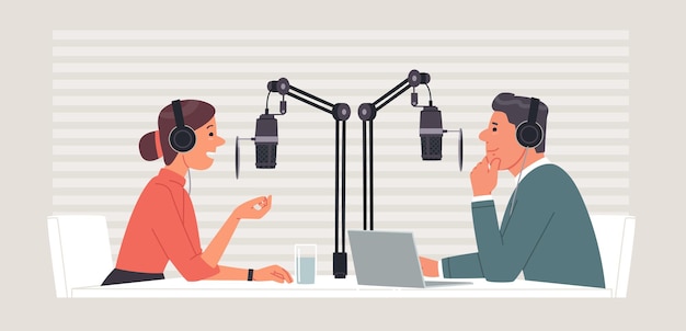 Podcast oder Radiosendung, die das Programm im Internet oder im Radio ausstrahlt, hat einen Gast im Studio