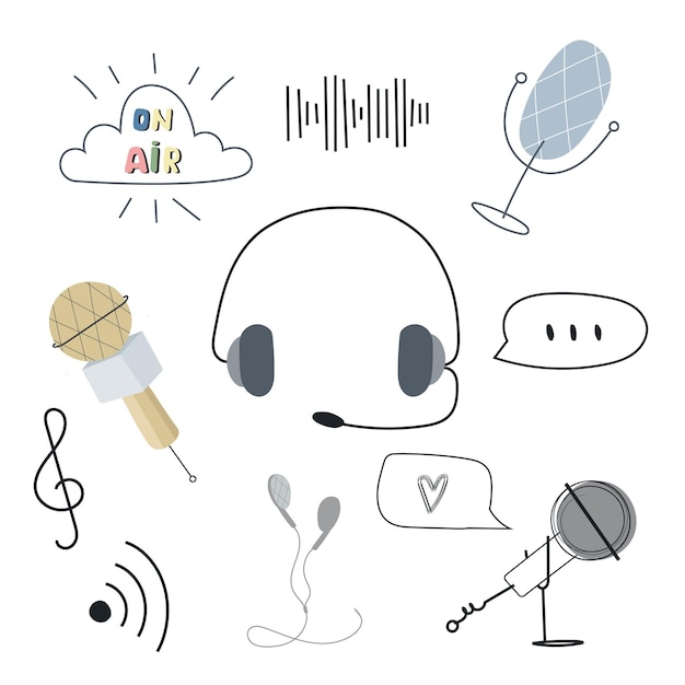 Podcast-Symbole eingestellt Podcasting-Symbolsammlung Handgezeichnete isolierte Vektorelemente