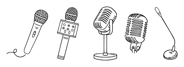 Podcasting Mikrofon Aufnahme Mikrofon Handgezeichnetes Ikonensatz Umrisse Zeichnung Mikrofonlinie Clipart-Symbol