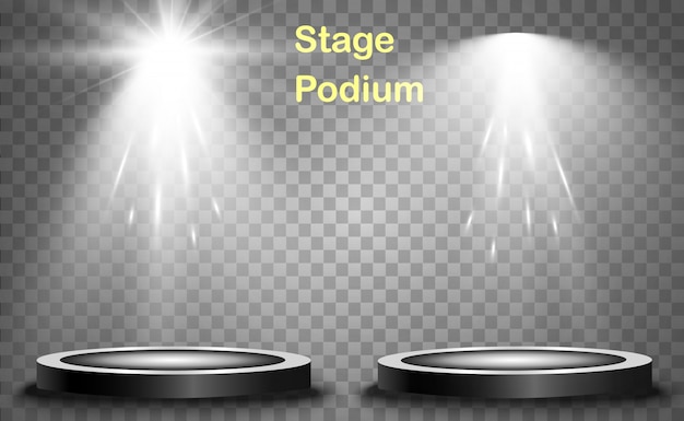 Podium mit Scheinwerferlicht, erstem Platz, Ruhm und Beliebtheit. Realistisches Podium mit Scheinwerfern beleuchtet.