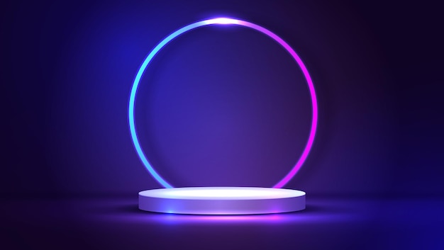 Podium oder Ständer mit Liniengradienten-Neon in abstrakter Scifi-Szene mit rosa und blauem Neon-Rahmenvektor-Rendering-Produktdisplay futuristisches Minimalszenen-Vektordesign