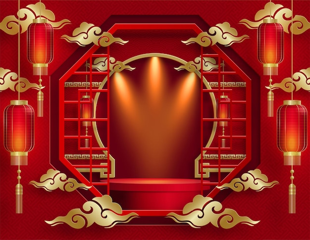 Podium runde bühne im chinesischen stil, für chinesisches neujahr und festivals oder mitte herbstfest mit roter papierschnittkunst und handwerk auf farbigem hintergrund mit asiatischen elementen