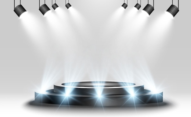 Podiumsockel oder Plattform, beleuchtet von Scheinwerfern im Hintergrund Vektorillustration