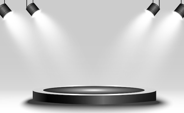 Podiumspodest oder Plattform, die von Scheinwerfern im Hintergrund beleuchtet wird