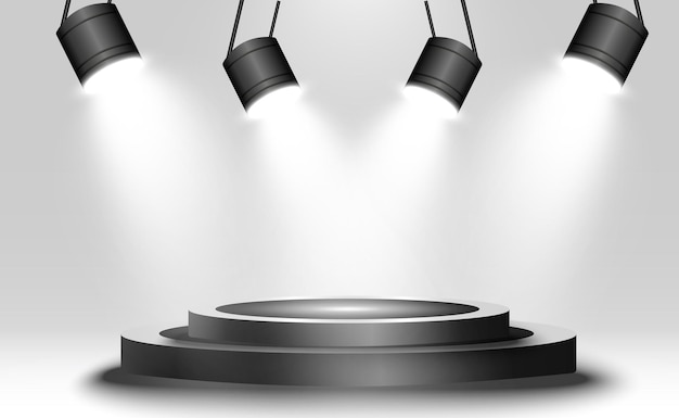 Podiumspodest oder Plattform, die von Scheinwerfern im Hintergrund beleuchtet wird