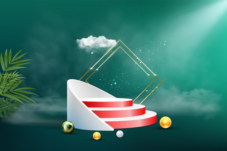 Podiumsszene mit geometrischer Formplattform auf Hintergrundhimmel und -wolken Bühnenstudioprodukt