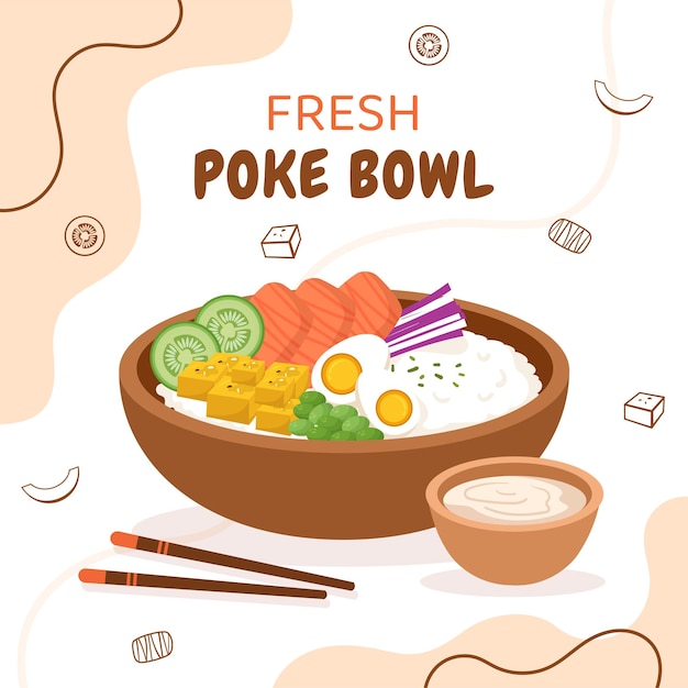 Poke bowl essen hintergrund vorlage handgezeichnete cartoon flache illustration