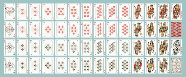 Poker-spielkarten entwerfen ein vollständiges deck für das casino-spiel king queen jack ace und joker diamonds hearts spades und clubs card vector set