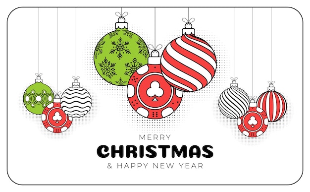 Poker-Weihnachtsgrußkarte im trendigen Linienstil Frohe Weihnachten und ein glückliches neues Jahr skizzieren Cartoon Sportbanner Casino-Chip als Weihnachtskugel auf weißem Hintergrund Vektor-Illustration