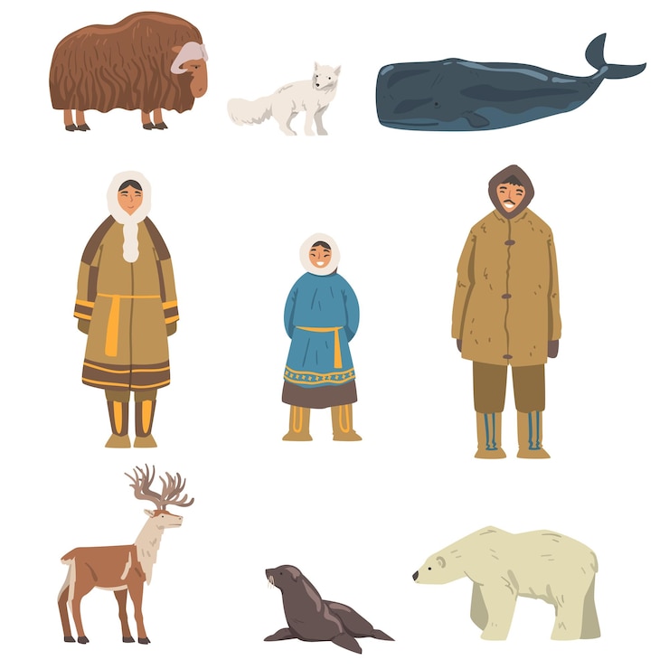 Vektor polarbewohner und tiere stellen arktische säugetiere und menschen in authentischer traditioneller kleidung dar cartoon-vektorillustration
